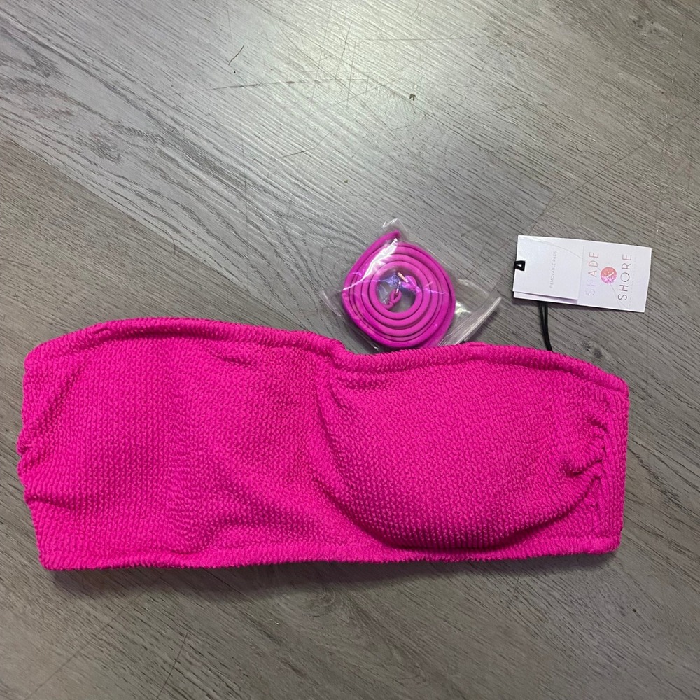Shade & Shore Bikini Top Women 34D Magenta Pink‎ Smocked Crinkle Bandeau New